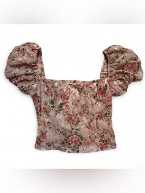 Olivaceous Floral Puff Sleeve Crop Top Pink Ruched Square Neck Womens Size M